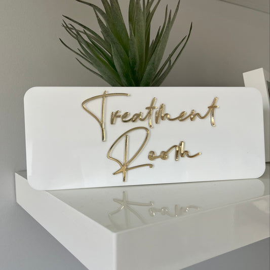 3D Acrylic Business Door Sign in white and Gold with a script font