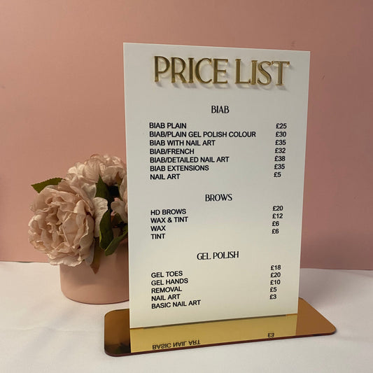 Engraved acrylic price list sign in white & gold with black text.