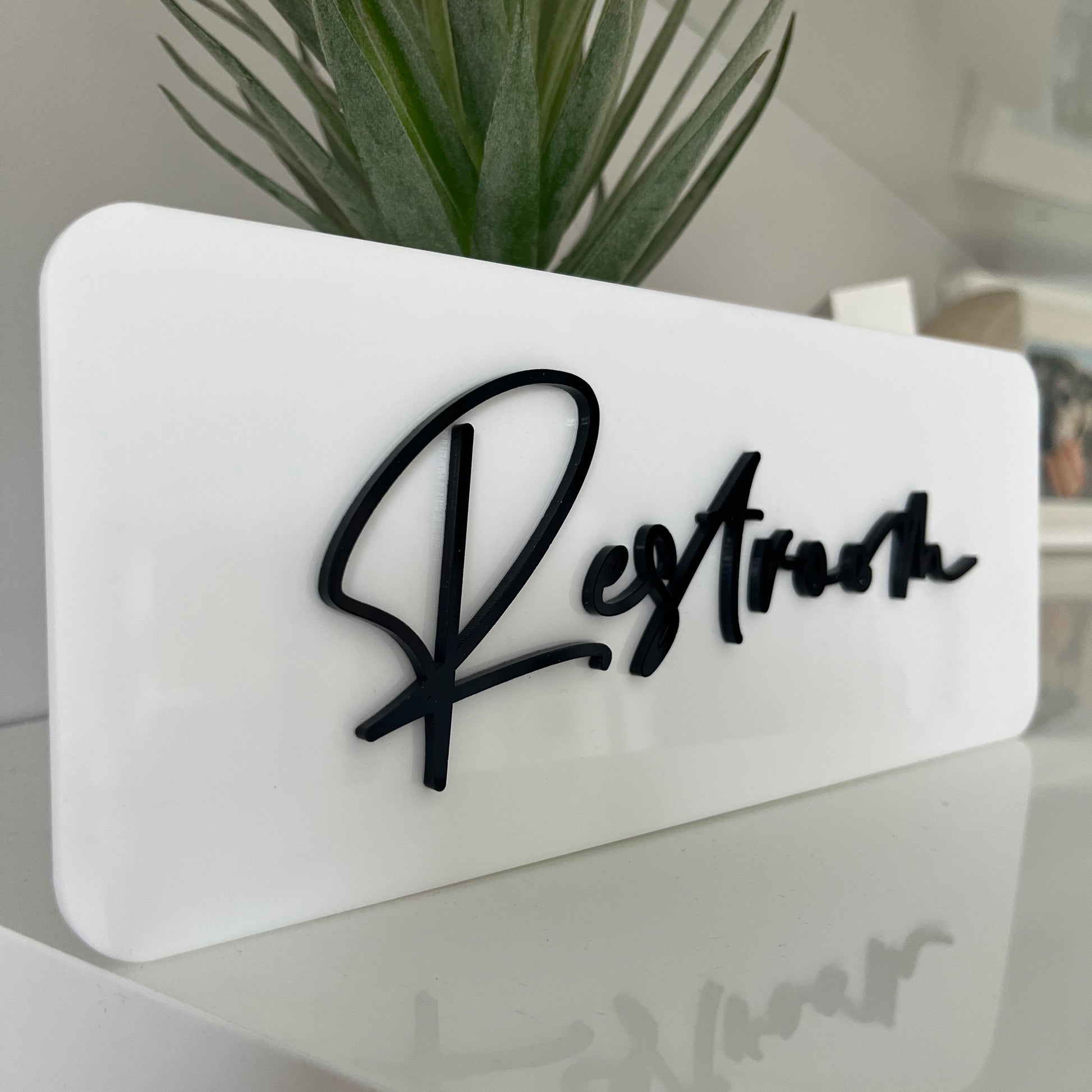 Acrylic Business Door Sign in white and black with a Script Font