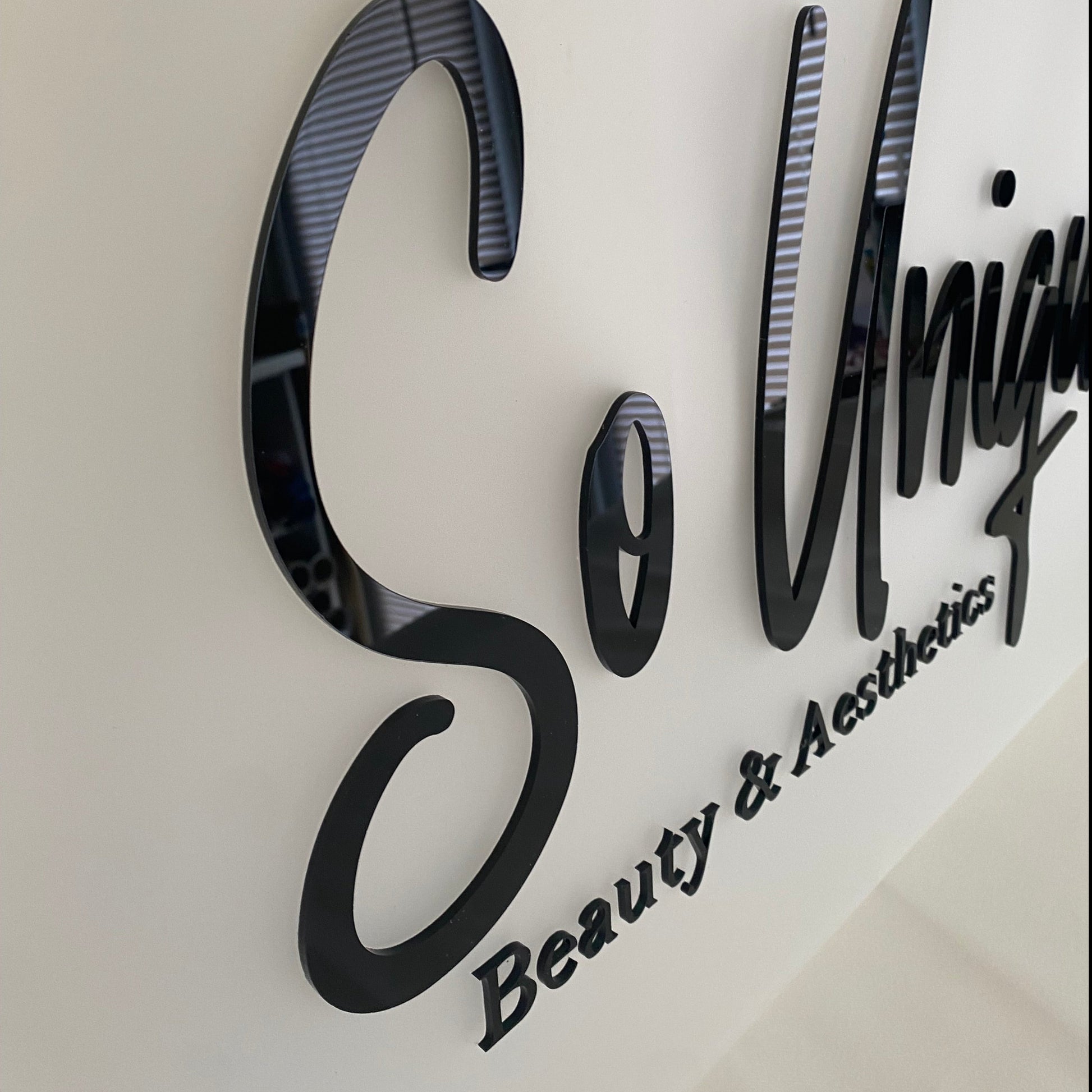 Acrylic Salon Sign - Frosted acrylic background with black gloss 3d business logo