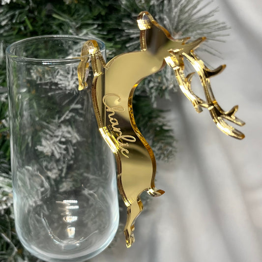 Christmas Drinks Marker - Gold acrylic reindeer personalised with name 
