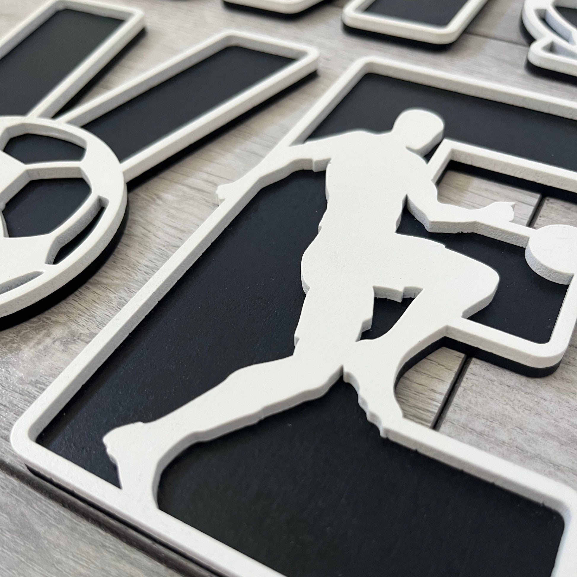 Wooden 3d Football Alphabet Letters in black and white